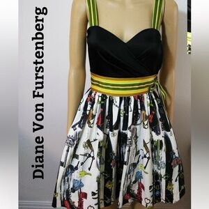 Diane Von Furstenberg Silk and cotton "Caran" Black and Multicolor Dress. Size 2